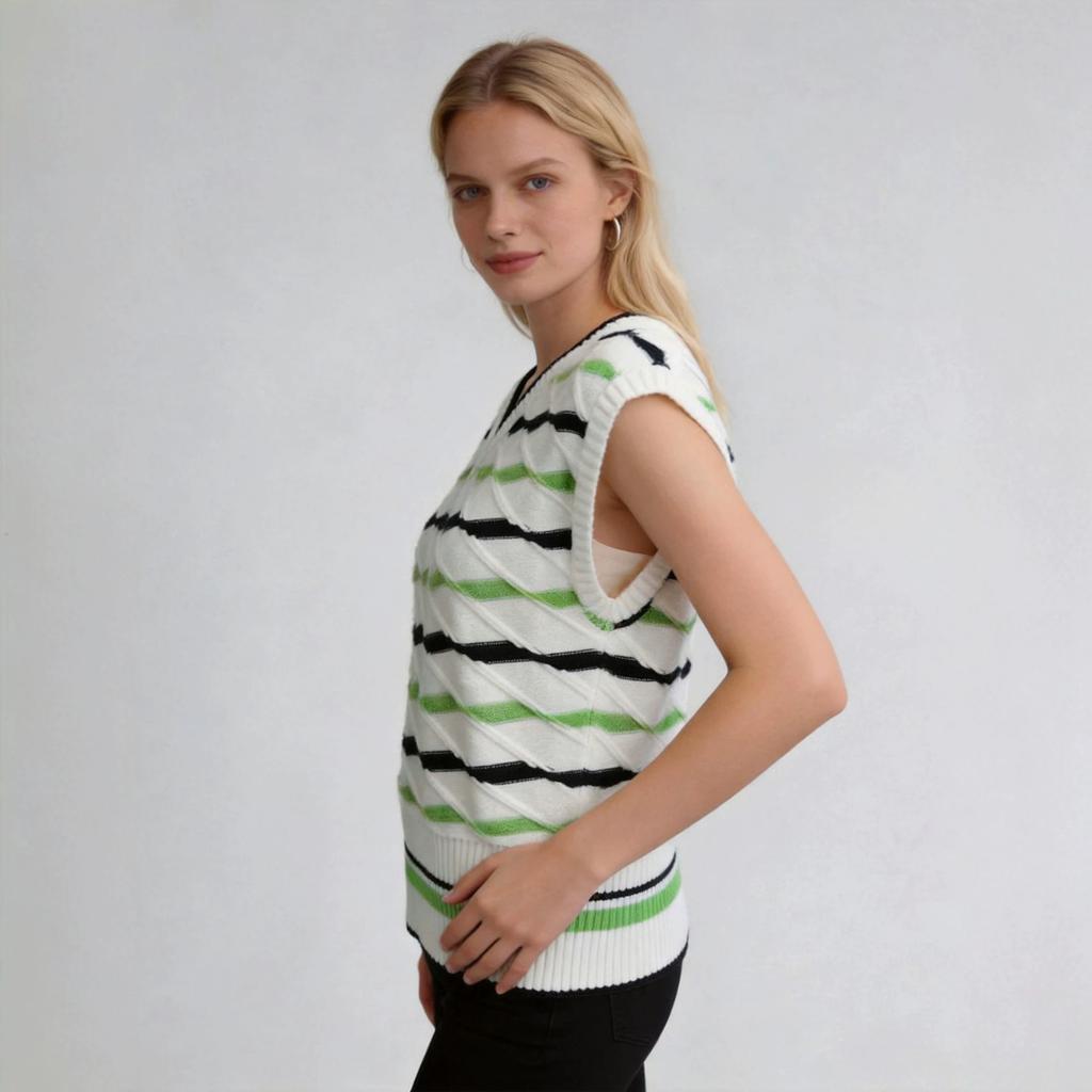 Ladies Preppy Style Knit Vest, V-Neck Diagonal Striped Green & Black Sleeveless Sweater for Fall