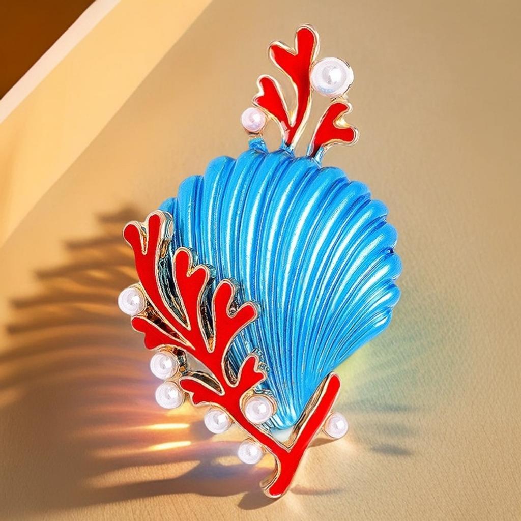 Shell Coral Brooch With Pearls Accent And Vivid Drip Glaze Craftsmanship Lapel Pin For Daily Wear Or Special Occasions