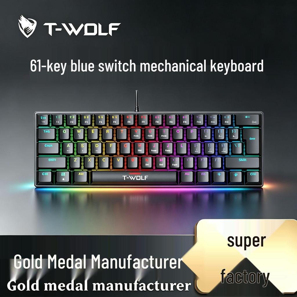 T-WOLF T61 RGB Backlit Wired Mechanical Gaming Keyboard, Blue Switches, 61-Key Portable Design.