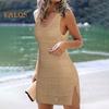 Women Knitting Beach Dress O Neck Sleeveless Solid Color Cover Up Dress Side Split Design Hollow Out Sunscreen Crochet Cover Up