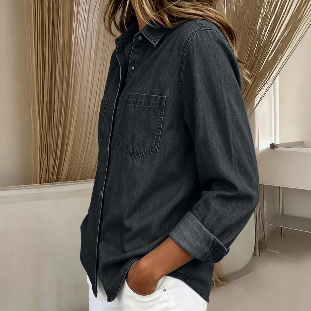 Women's Casual Long Sleeve Denim- Shirt with Stand Collar for Everyday Wear