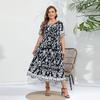Summer Women Dress Short Sleeve High Waist V-Neck Midi Dress Plus Size Sexy Temperament Print Dress