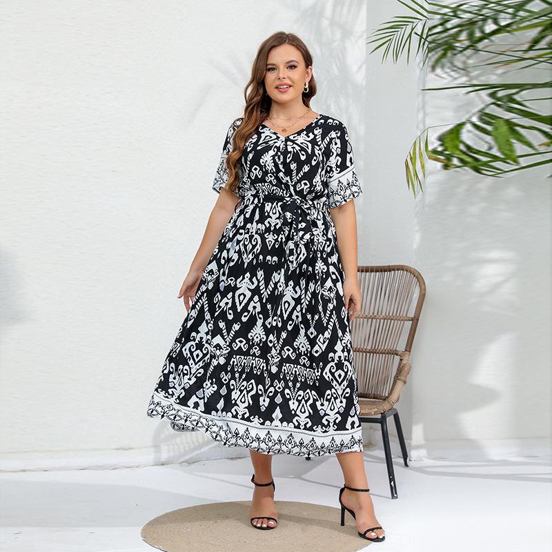 Summer Women Dress Short Sleeve High Waist V-Neck Midi Dress Plus Size Sexy Temperament Print Dress