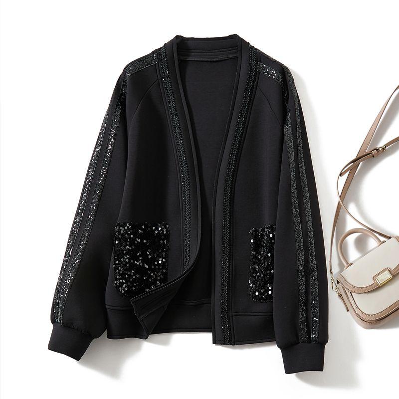 

Прессование краев пайетками на большой площади! Изысканная женская кофта с длинным рукавом, глубоким V-образным вырезом, из композиционного воздушного хлопка, высокого качества, новая верхняя одежда на осень и зиму Black Manual pressing Sequin