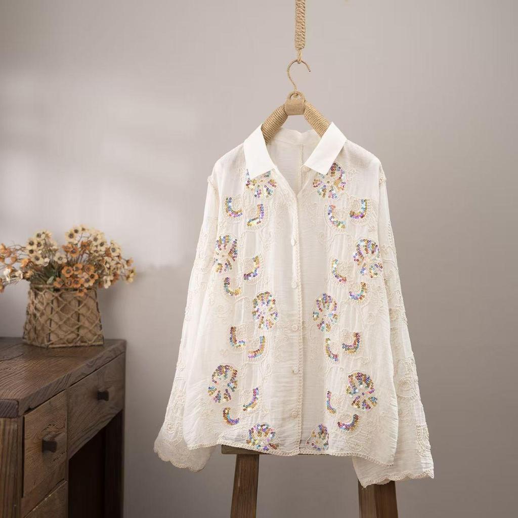 Haut Crochet Brodé Ethnique pour Femme - Polyvalent à Manches Longues avec Détails Floraux à Sequins
