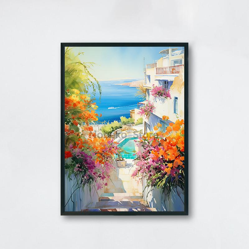Watercolor Style Mediterranean Coast Sea Poster Seaside Landscape Prints Canvas Painting Wall Art Pictures Home Room Beach Decor