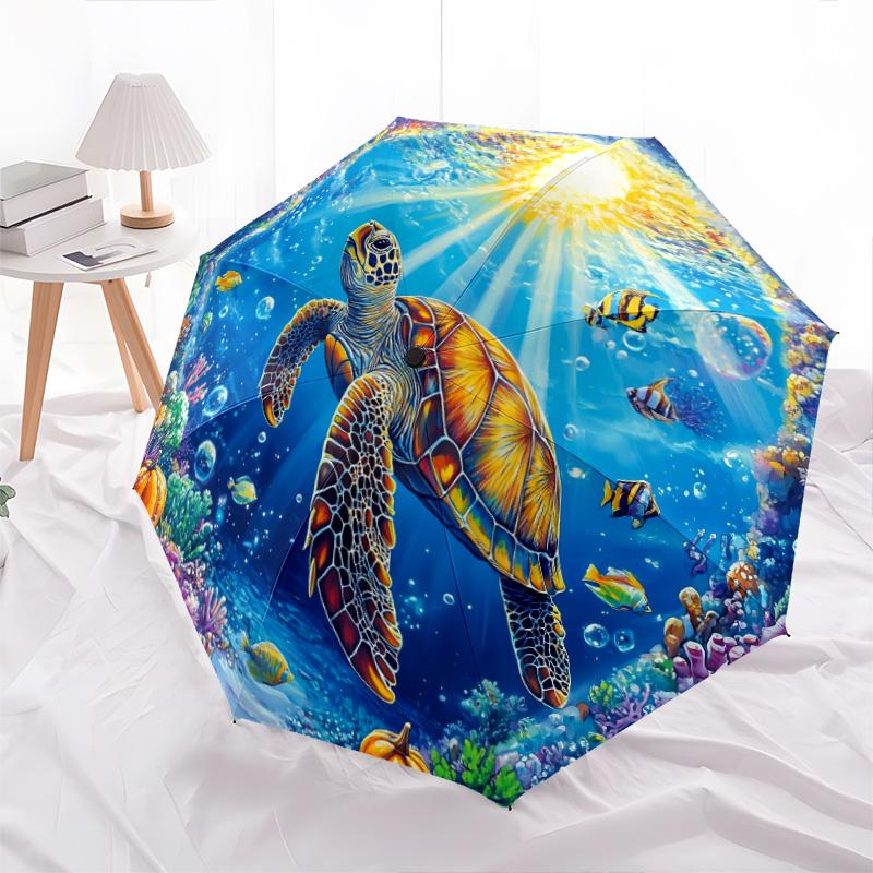 Sea Turtle Pattern, Automatic Folding Umbrella, Portable and Foldable Design, 8 Ribs, a Christmas or Birthday Gift.