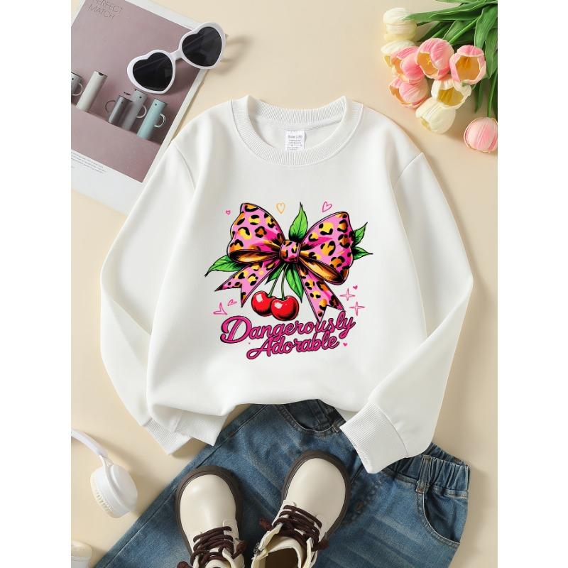 European Sizes Girls' Round Neck Fashion Sweatshirt, Pink Leopard Bow Cherries Hearts, Autumn Winter Trendy Print, Casual And Sporty.