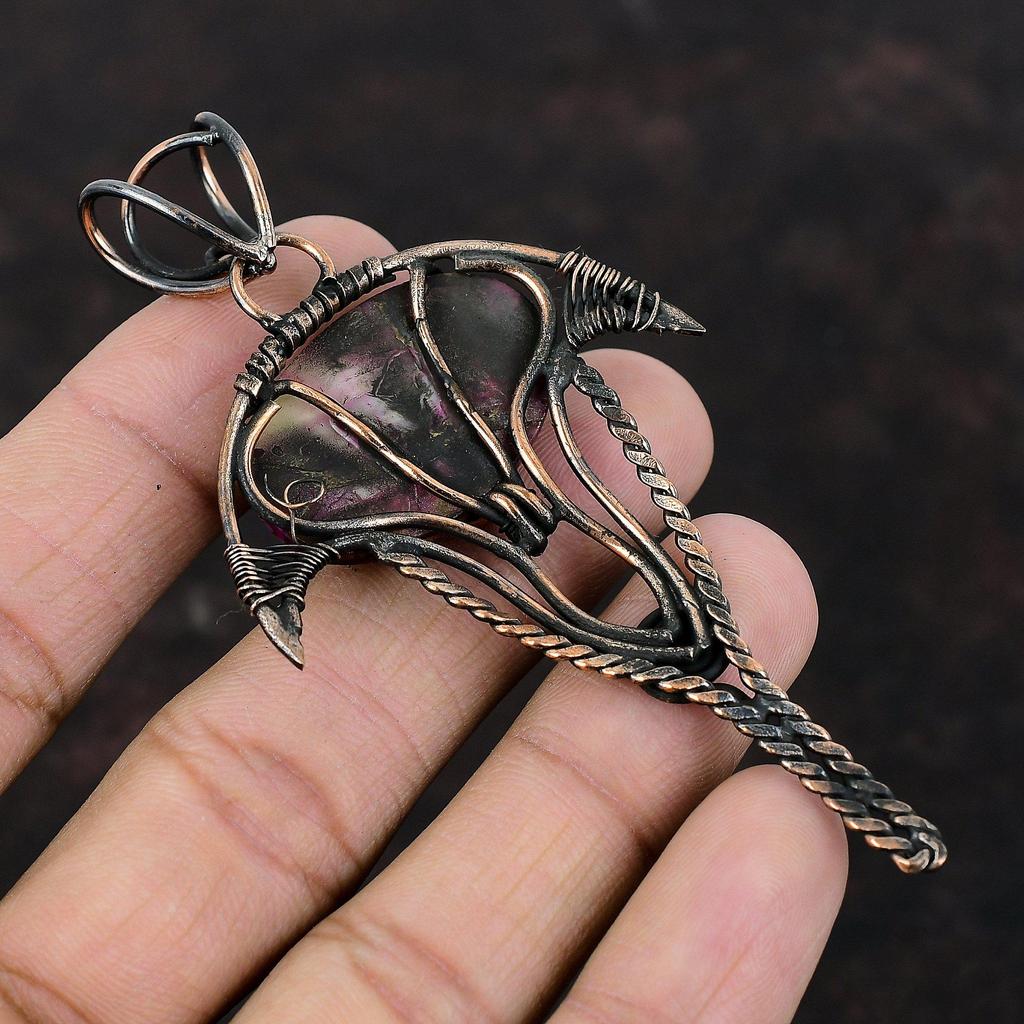 Pandantiv Natural Kingman Roz Dahlia Turcoaz, Înfășurat în Sârmă de Cupru, Pandantiv cu Piatră Prețioasă, Stil Etnic, Bijuterii Handmade din Cupru, Cadou Pentru Ea