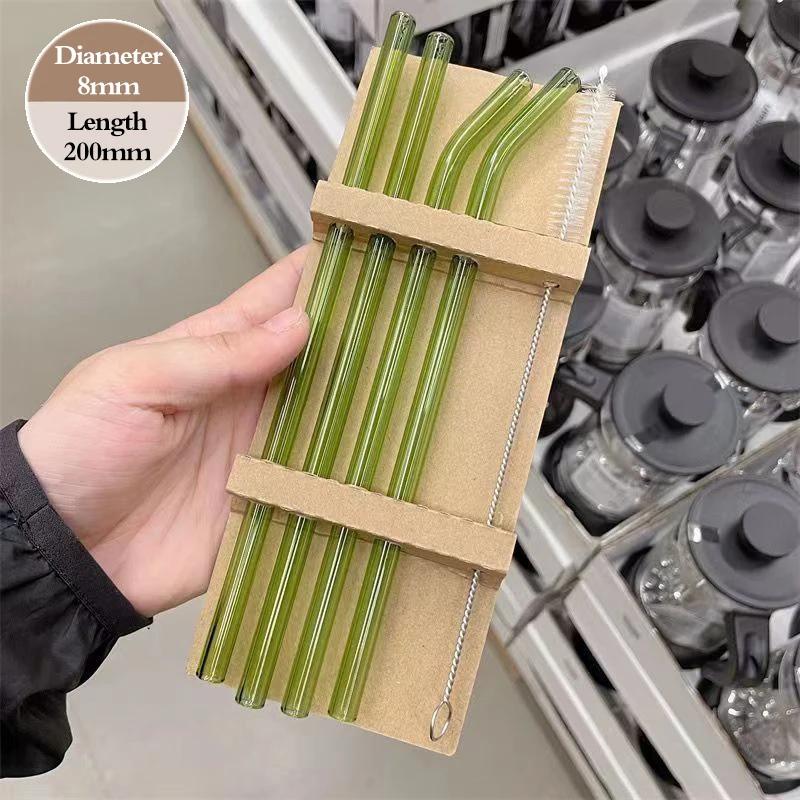 4PCS Reusable Glass Straws Multi-Color Drinking Straw for Milk Tea Juice Cocktail Straight & Bent Straw with Cleaning Brush