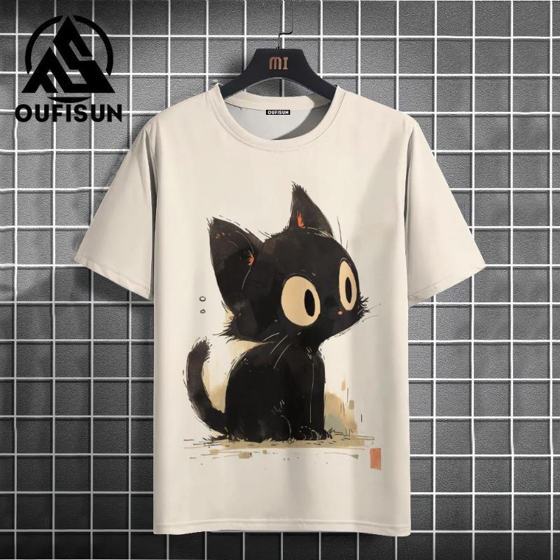 Letní pánské tričko Animal Cute Cat Print Crew Neck Krátký rukáv Tričko Street Trend Tops Nadměrné pánské oblečení Tričko pro muže