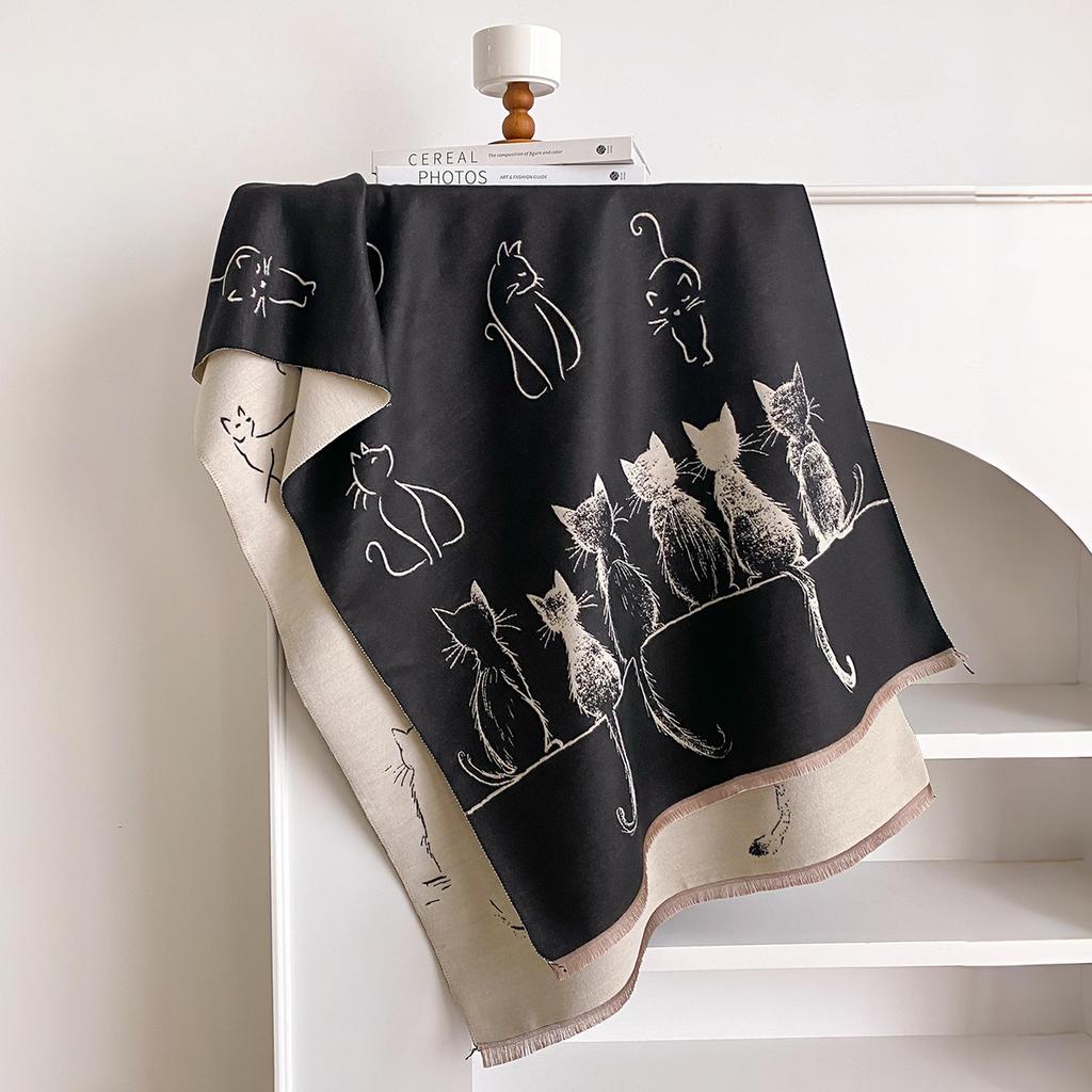 New Luxury Winter Cashmere Little Cat Print Scarf Women Warm Pashmina Poncho Scarves Fashion Shawl Thick Foulard Bufanda