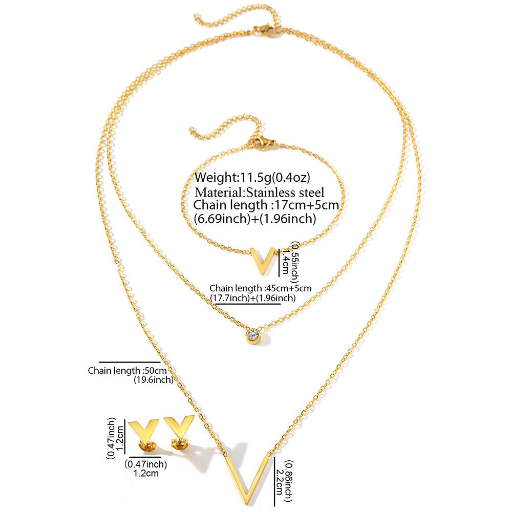ZAKOL 3 Pcs Simple Stainless Steel Zircon Set Christian Cross V Letter Charm Earring Necklace Bracelet Accessories Zircon Gift
