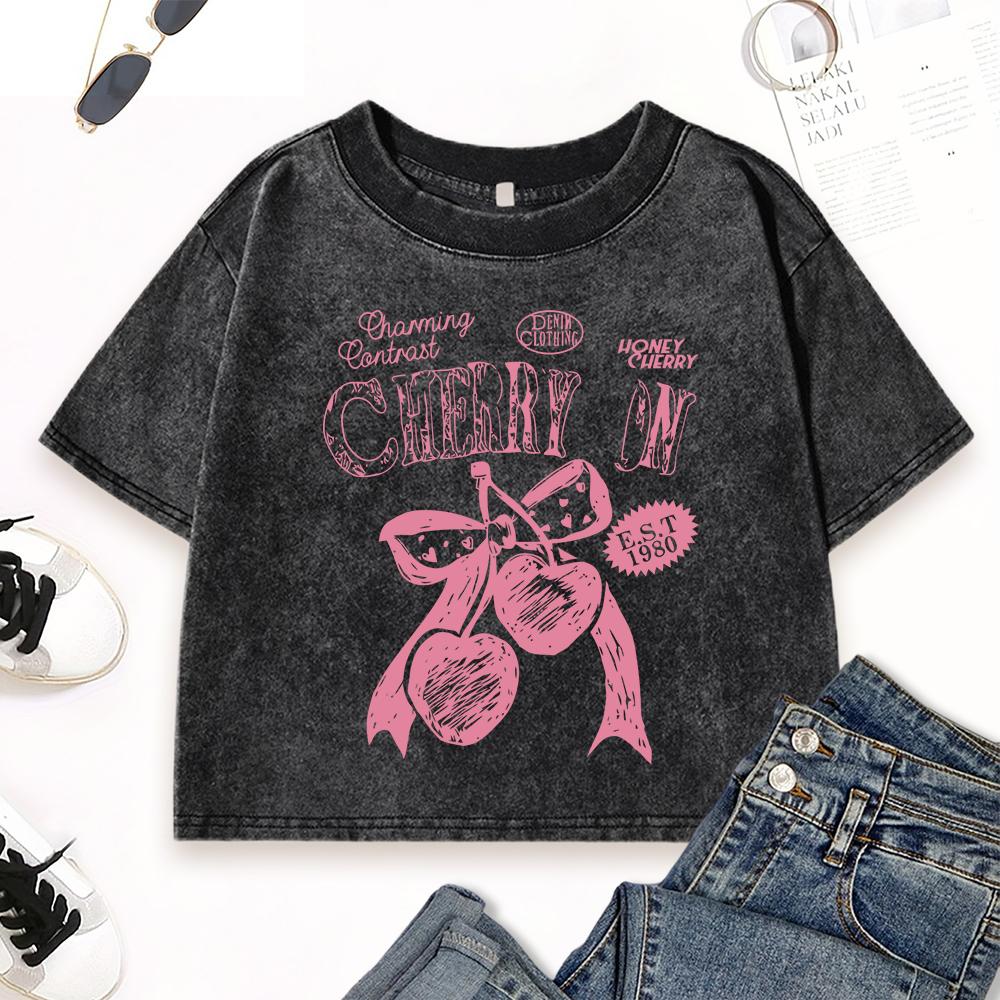 Pink Cherry Bow Est 1980 Printing Washed T Shirt Woman Y2K Street Summer Short Sleeve Womens Cotton T-Shirts