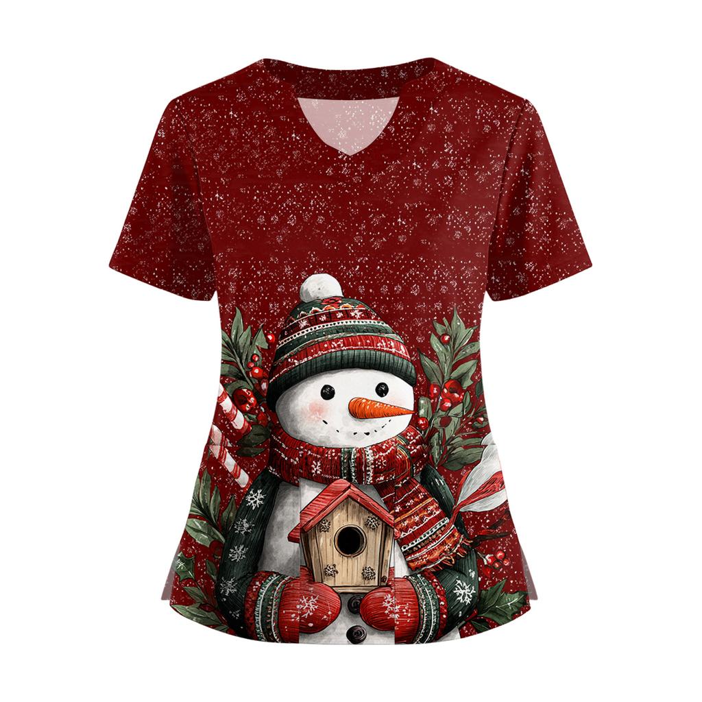 Women's Short Sleeved Christmas Printed V-neck Buttonable Side Slit Top T-shirt