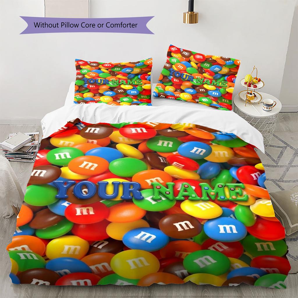 M&M's Bettwäsche mit individuellem Namensmuster, Steppbett-Set, Bettbezug, Kissenbezug, Heim-Geburtstagsgeschenk(1 Bettbezug + 2 Kissenbezüge, ohne Füllung)