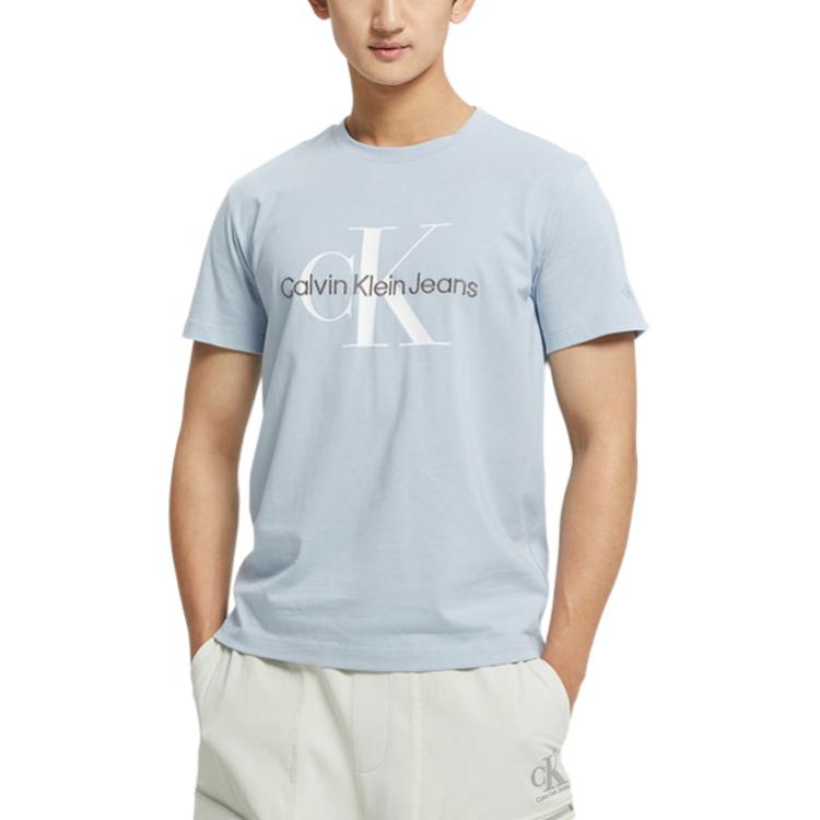 Calvin Klein Letter Print Crewneck Cotton T-Shirt Men Tops Sky-Blue J320770-C1U