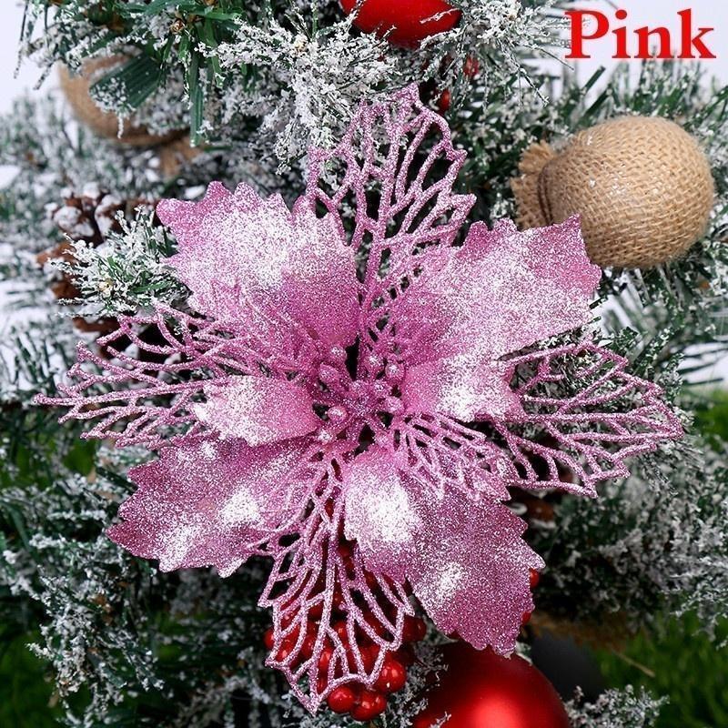 5pcs Christmas Flowers Glitter Fake Flowers Merry Christmas Tree Decorations For Home Gift Xmas Ornament Home Decor Supplies