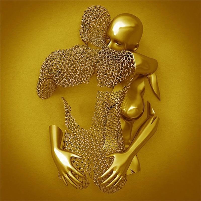 Zlatá kovová figúrka socha objíma umelecký plagát, bytová dekorácia s vysokým rozlíšením, maľba na sprej, bezrámové plátno, maľba na jadro