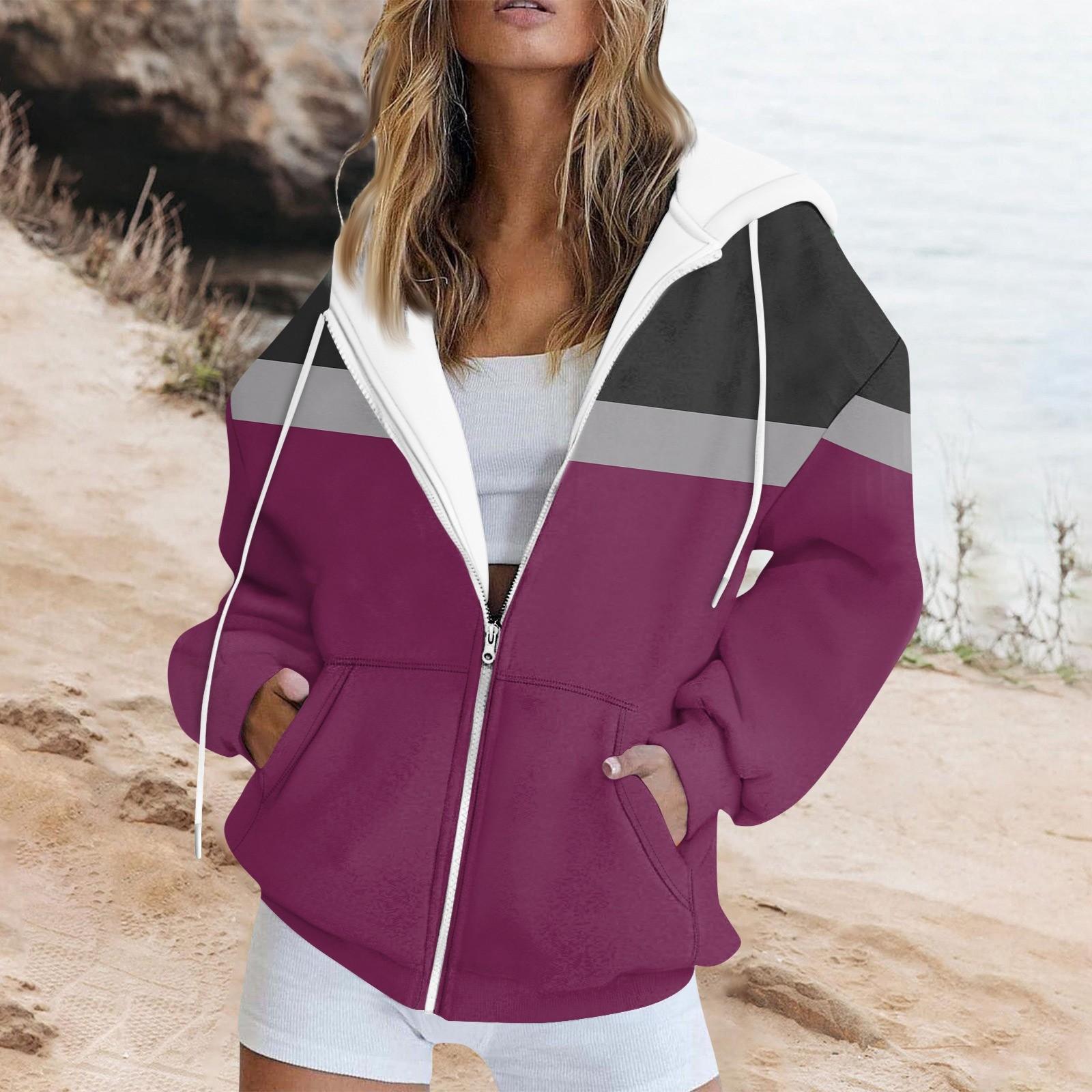 

Жіноча толстовка з принтом у смужку з довгим рукавом і кишенею з довгим рукавом, толстовка з капюшоном на блискавці L темно-фіолетовий колір