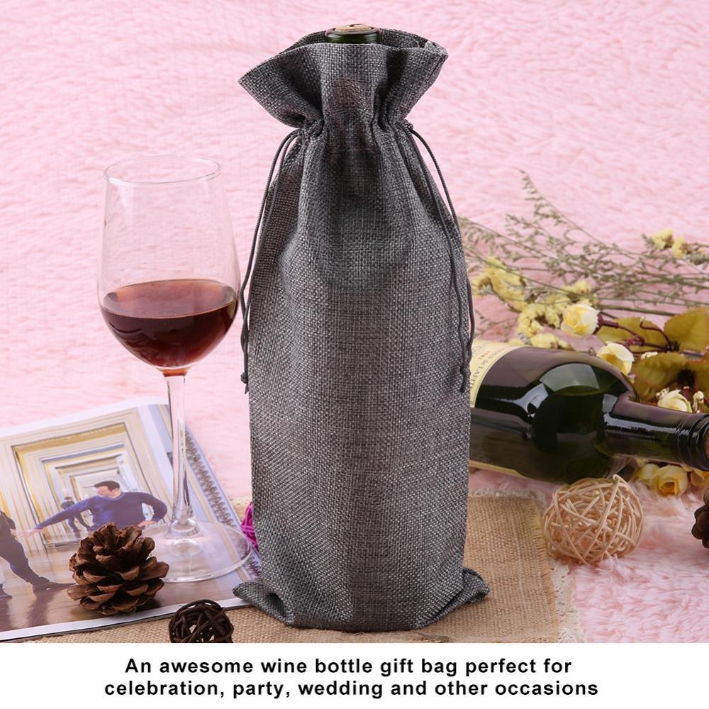 12pcs Grey Linen Fabric Wine Bag Drawstring Closure Burlap Wine Bag  Wedding Favors