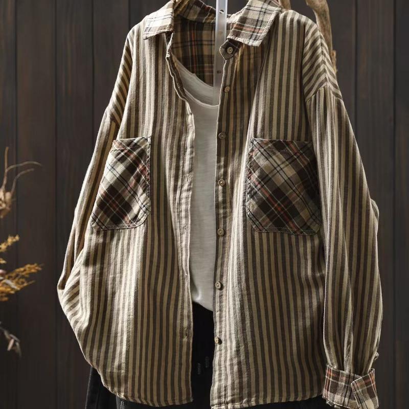 Johnature Women Vintage Plaid Shirts Patchwork Color Turn-down Collar Long Sleeve Button Pockets Blouses Autumn Shirts