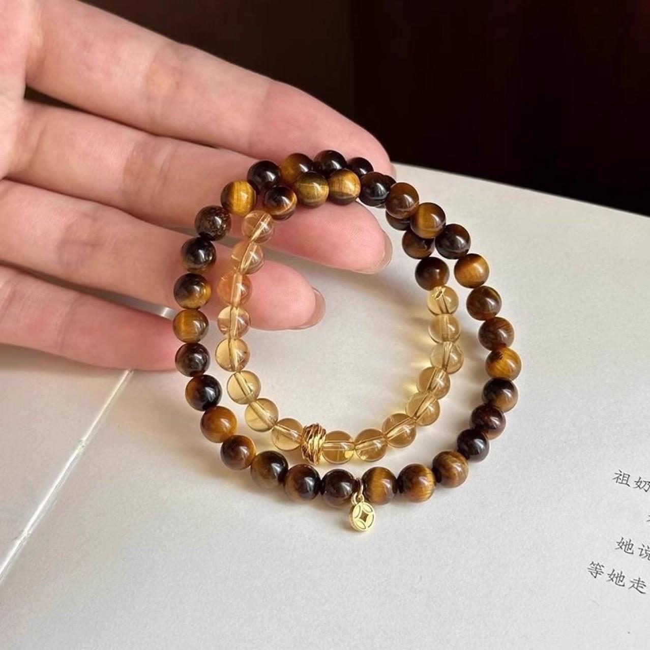 Unisex Handmade Tiger Eye Beaded Bracelet Round Geometric New Chinese Ornament, Travel Gift