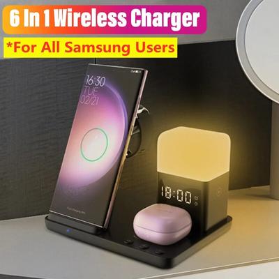 6 In 1 Wireless Charger Stand Alarm Clock Night Light Fast Charging Station Dock for Samsung S23 S22 Galaxy Watch 6 5 4 3 2 Buds