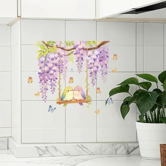 Watercolor Wisteria Birds Wall Decal, Self-Adhesive Residue-Free Window Sticker, Easy Apply Wall Sticker for Bedroom Kitchen Bathroom