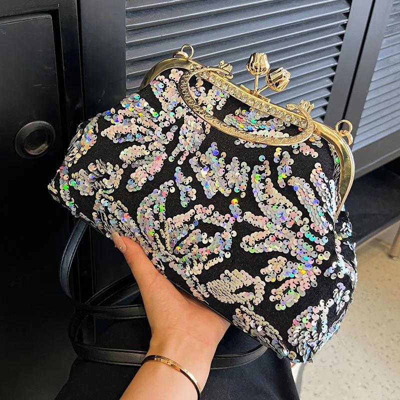 

Женские роскошные сумки с кристаллами в виде ракушек и пайетками, блестящие сумки с цветами, синие сумки через плечо, сумки на ремне с золотой цепочкой, вечерний клатч
