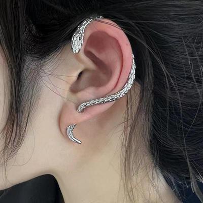 Punk Snake-Shaped Silver Stud Earrings and Ear Cuffs In Minimalist European-American Style