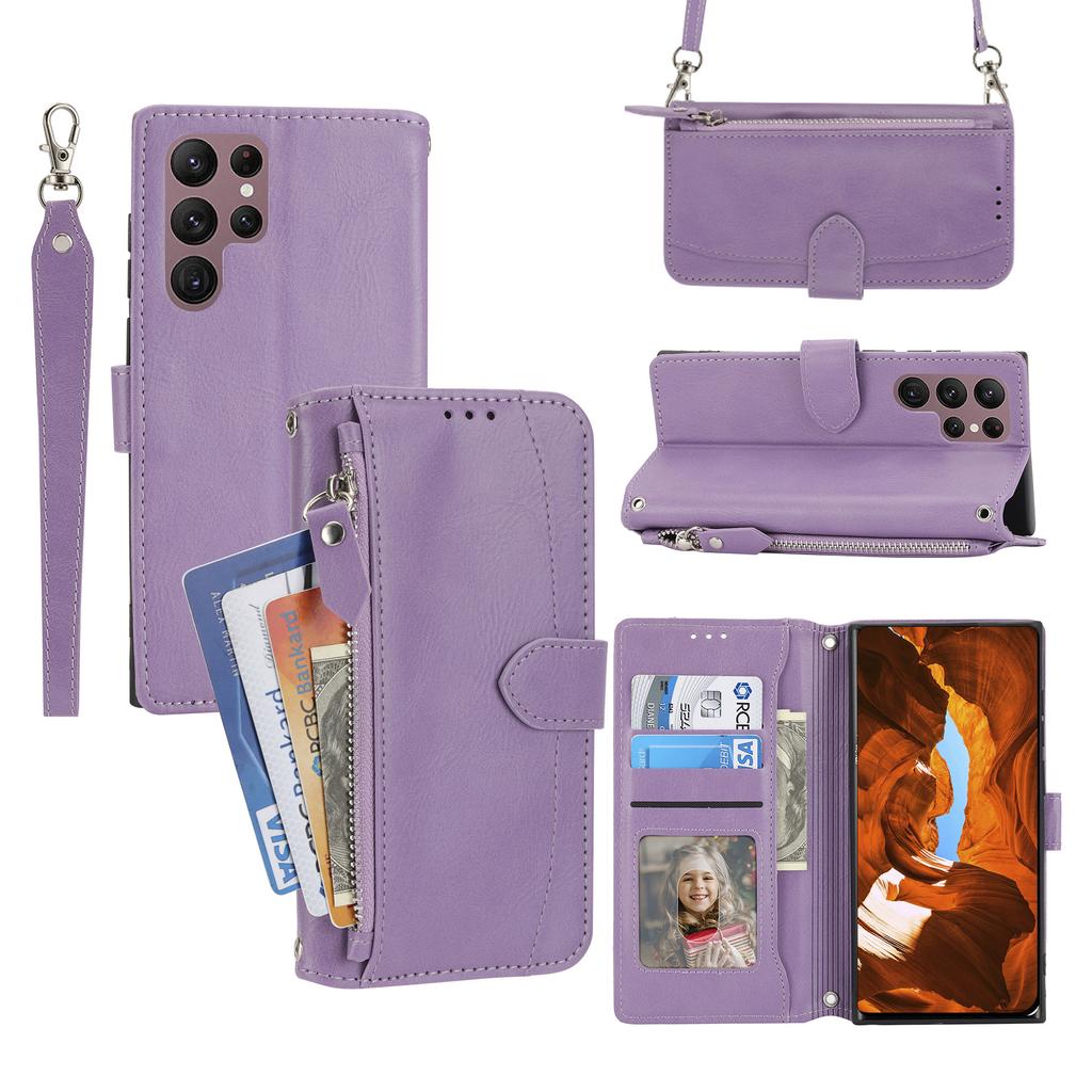For Samsung Galaxy S26 Ultra Case Zipper Pocket Leather Phone Cover with Crossbody Shoulder Strap