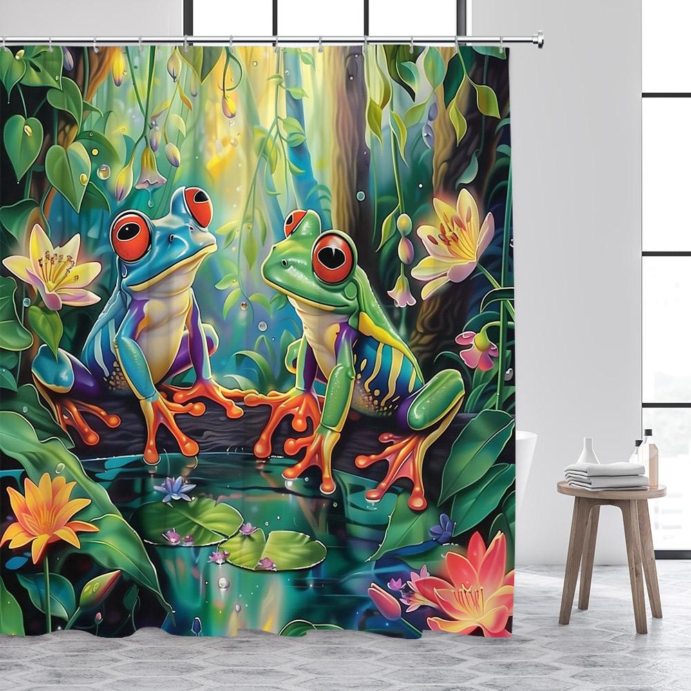 

Forest Frog Shower Curtains Funny Animals Jungle Floral Green Plants Rustic Scenery Bath Curtain Polyester Fabric Bathroom Decor W60H190(CM)-1 Pcs