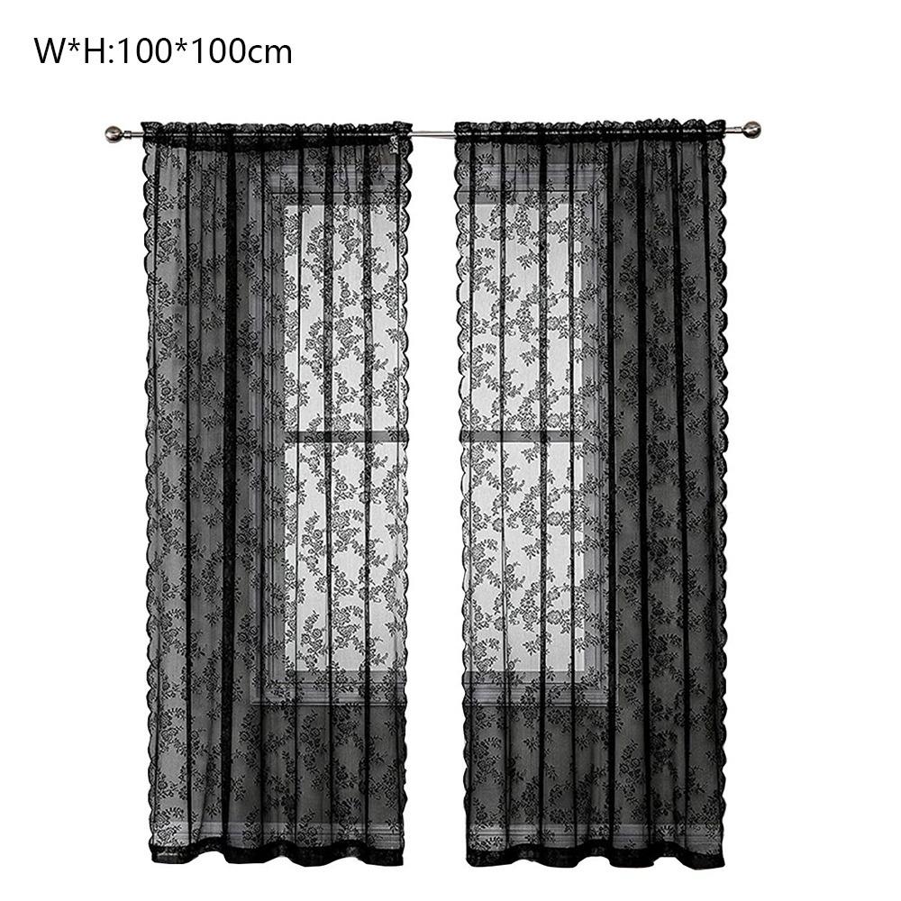 Durable Polyester Lace Window Curtain Floral Embroidered Sheer Rod Pocket Lace Sheer Curtain Door Curtain Living Room Decoration