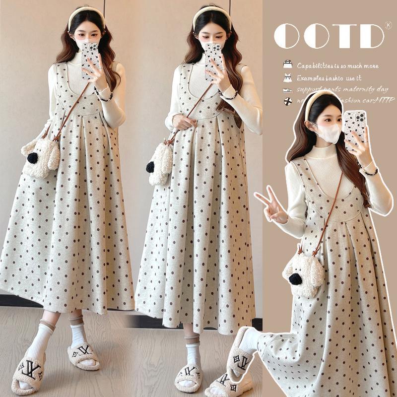 Korean Style Polka Dot Woolen Maternity Dress & Sweater Set for Autumn/Winter XL