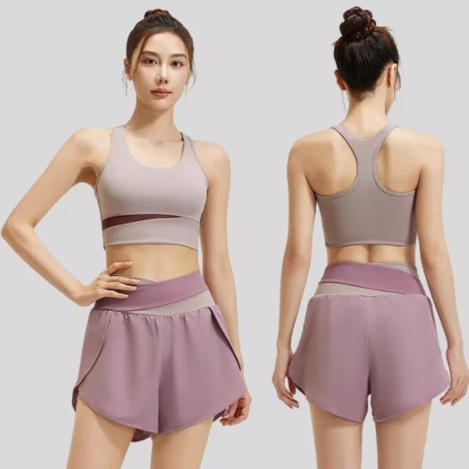 Conjunto de Shorts com Sutiã Esportivo e Top Regata Yoga Muay Thai Boxe Treino de Exercícios Pilates Fitness Workout Roupa Esportiva Feminina Academia Secagem Rápida Tecido Elástico