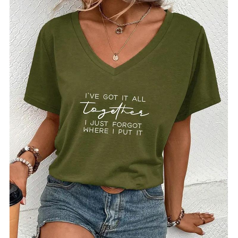 Fashion Simplified Letters Painting Blouses Short Sleeved V-Neck T Shirts Casual