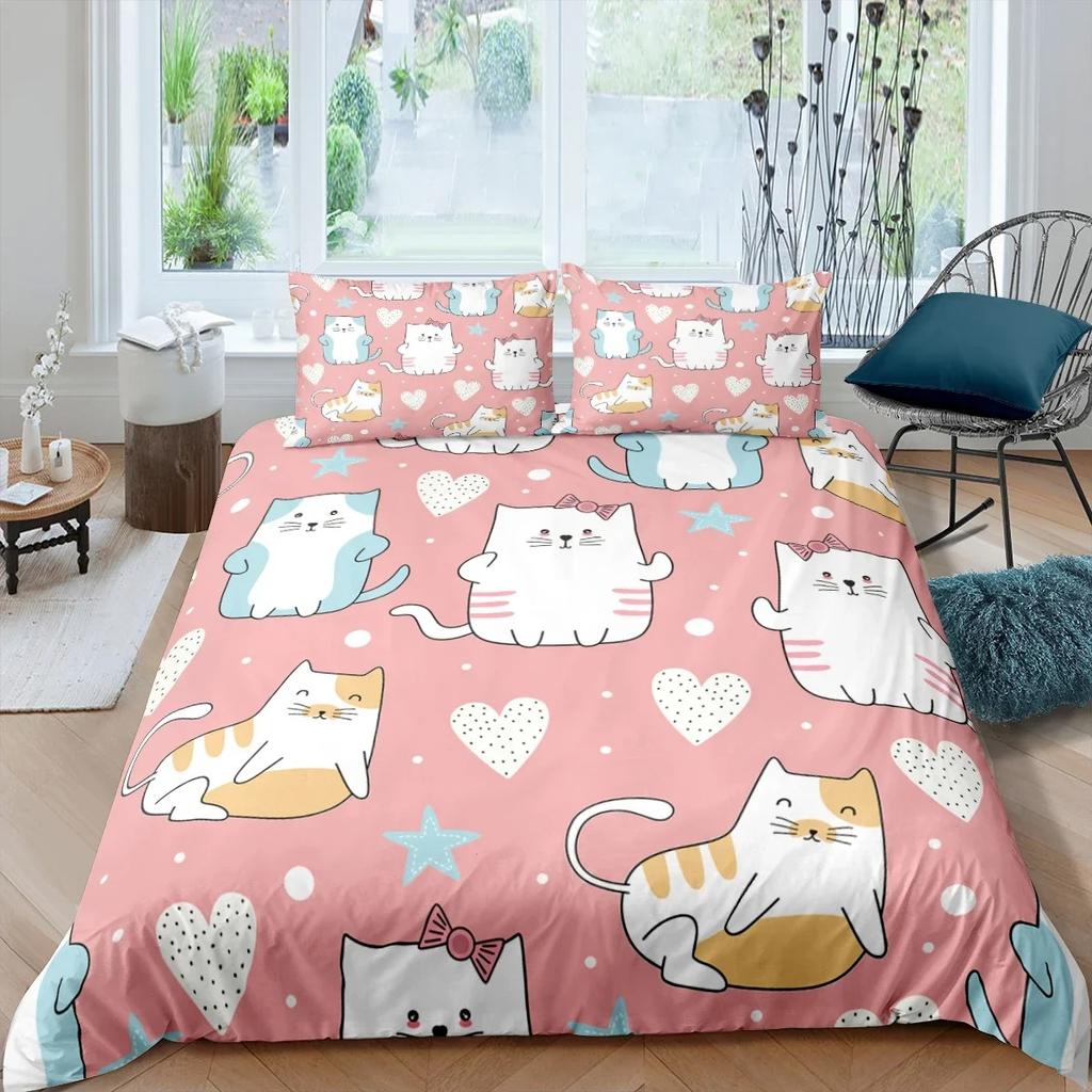 Conjunto de cama de gato de desenho animado infantil Kawaii Kitty Capa de edredom colorida para animais de estimação Capa de edredom King Twin Queen Capa de edredom de poliéster