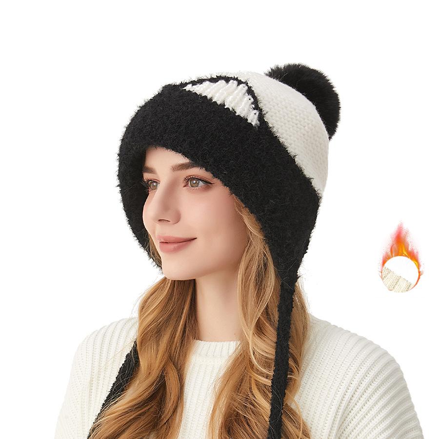 Knitted Hat Women's Autumn Winter Cartoon Cat Ears Elastic Wool Hat Three Hair Balls Ear Protection Wool Hat