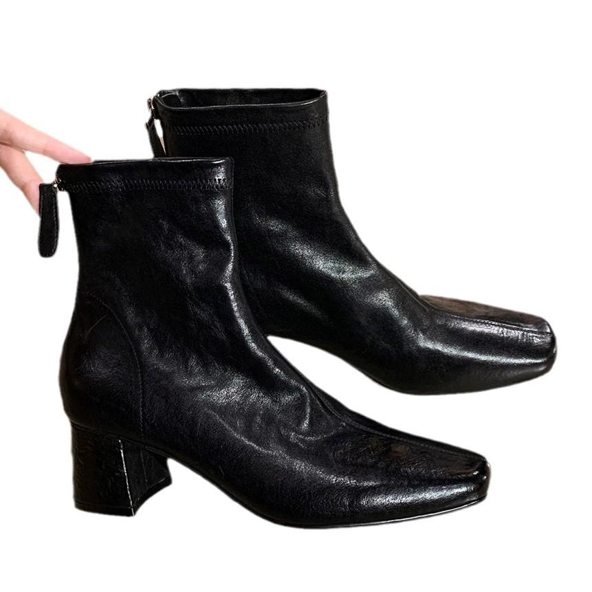 Winter new washed horse leather pattern thin boots retro short women's leather boots rear zipper square head boots women's versatile