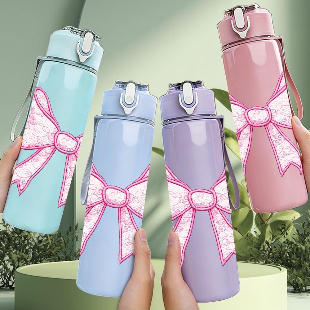 1PC Soft Pink Fabric Bow Decor Print 750ml Color Plastic Sports Water Bottle Leakproof Flip Straw Lid Suitable for Sports Office Home Use
