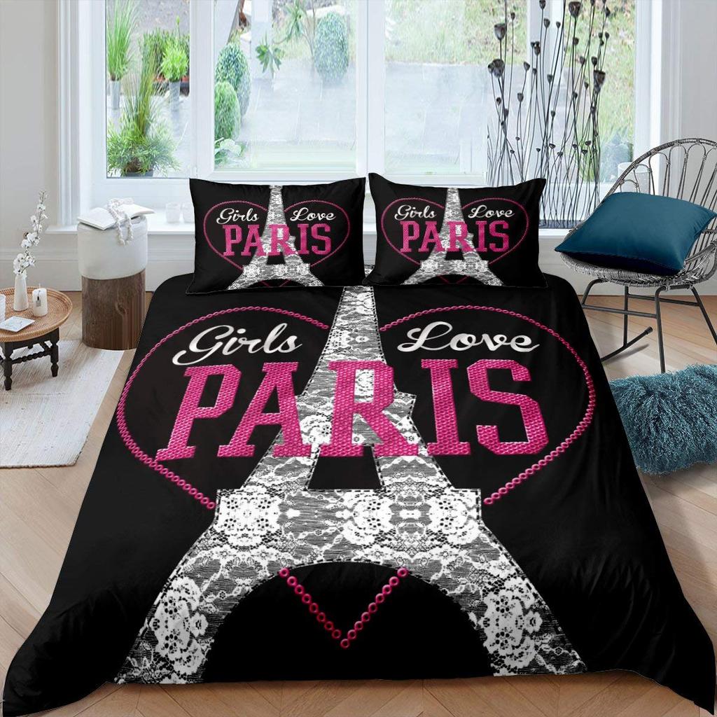 Eiffel Tower Duvet Cover Set King Size Love Heart Bedding Set Paris City Polyester Building Set For Girls France Urban Style