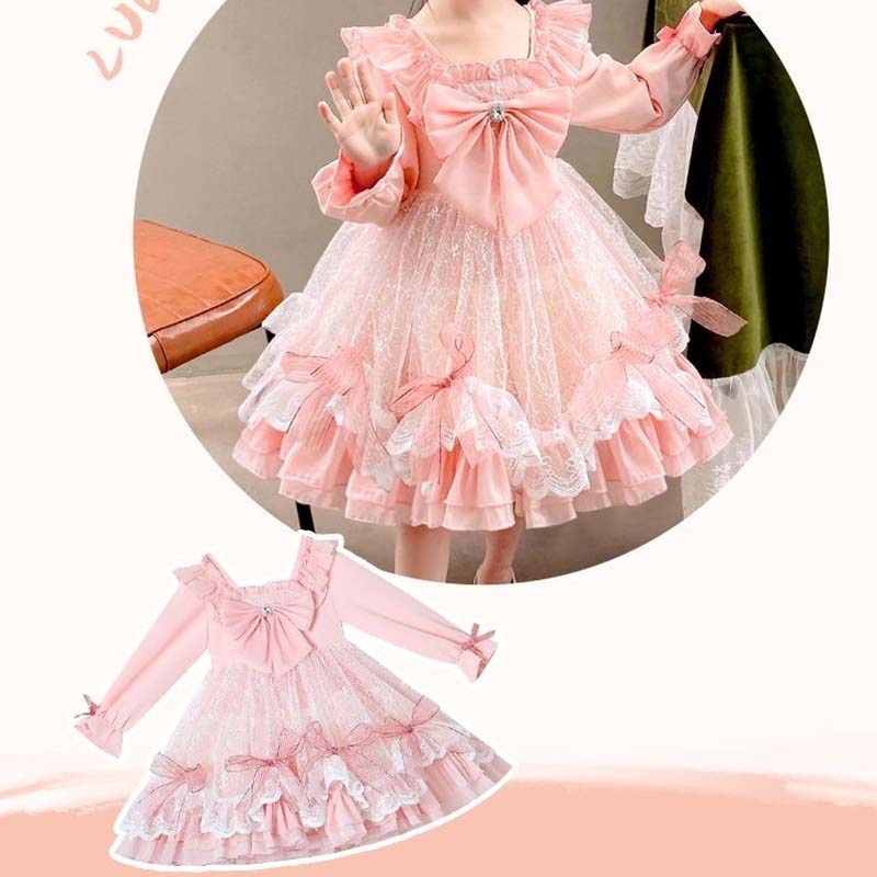 Lolita Girls Princess Dress Spring Autumn Children's Long Sleeve Pink Dress Lace Bow Decoration Sweet A-line Skirt Fairy Set