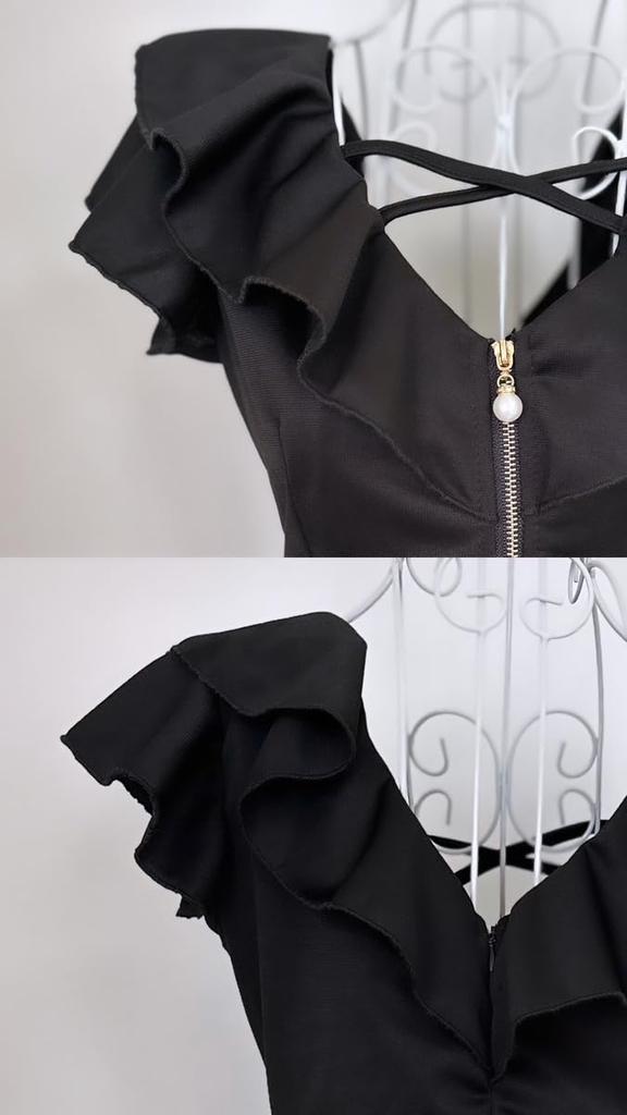 Coco Yuka Ruffled Sexy Mini Flare Hostess Short Tight Dress with Cross Chest and Zipper Size & Half-Zip Dress, Dress, Off-the-Shoulder, Sleeves,