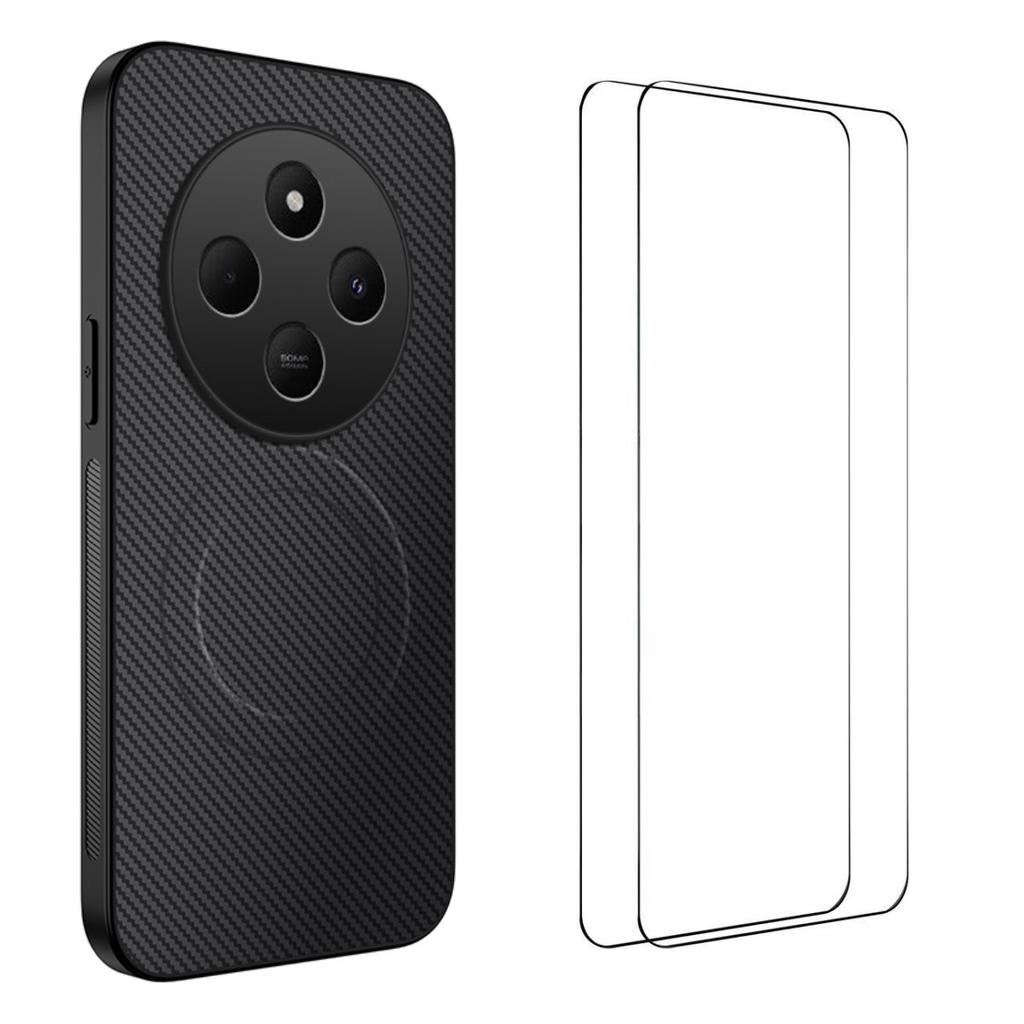 For Xiaomi Redmi 14C 4G Magnetic Case WANLONFENG TQ1 Series Carbon Fiber Texture PC TPU Phone Cover with 2Pcs Screen Films