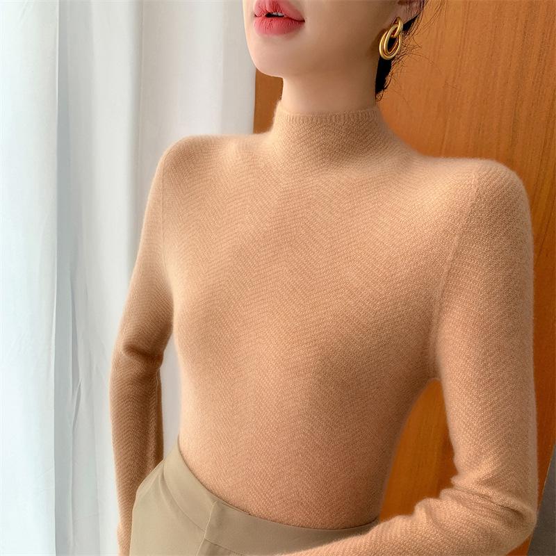 Women's Autumn Knit Pullover: Half-High Collar, Long Sleeve, Seamless One-Piece Base Layer Sweater