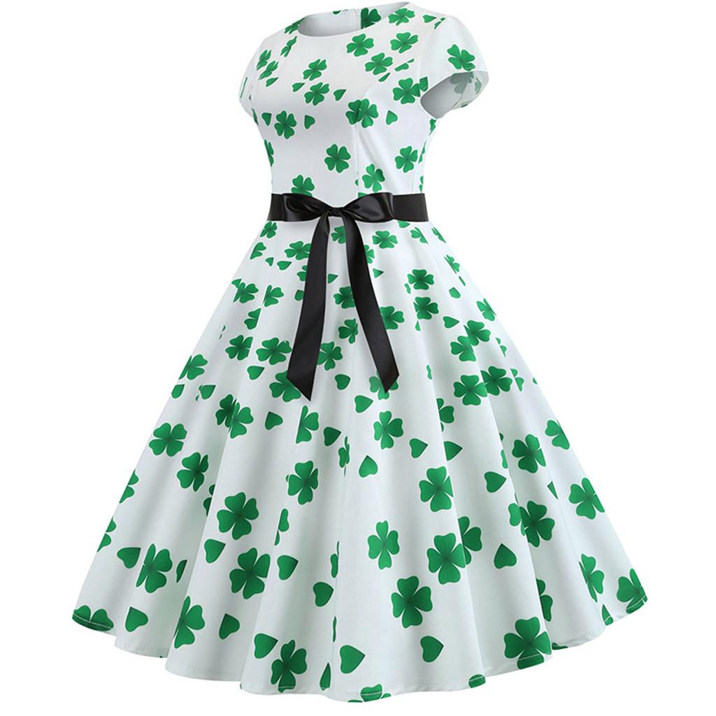 St. Patrick's Day Women's  Evening Print Party Prom Swing Bow Dress