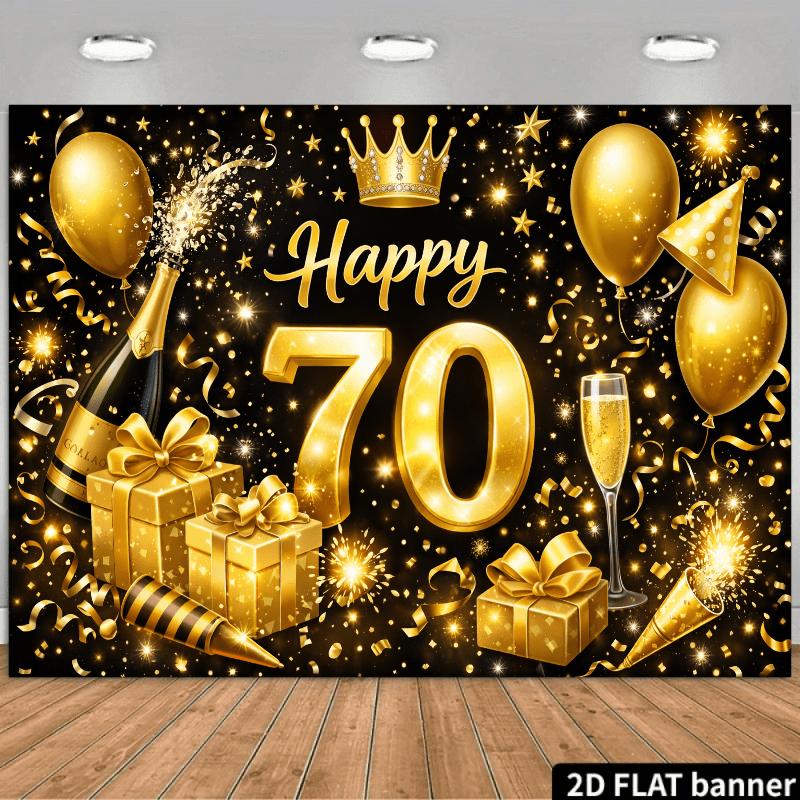 2D Plane 70th Birthday Party Backdrop - Golden Luxury Theme  Durable Polyester Material  Suitable for Family Gatherings