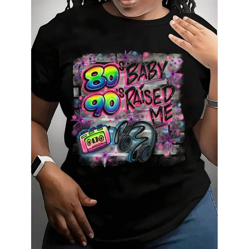 Europäische Größe Damen T-Shirt mit 80er 90er Raised Me Retro Pop Art Druck, Neonfarben und Kassettenband-Design, Perfekt für 90er-Mottopartys