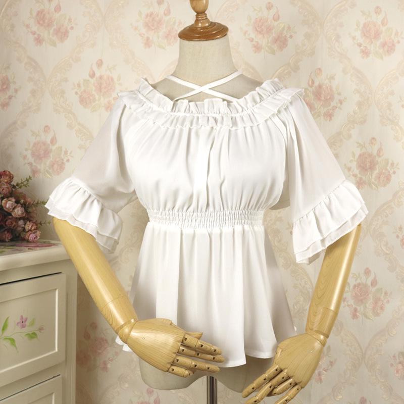 Lolita Off-Shoulder Western Dress: Ruffled Chiffon Soft Girl High-Waisted Long-Sleeve Shirt